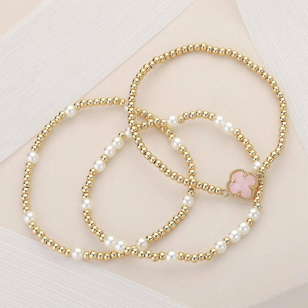 3PCS Quatrefoil Pearl Bead Stretch Multi Layered Bracelets