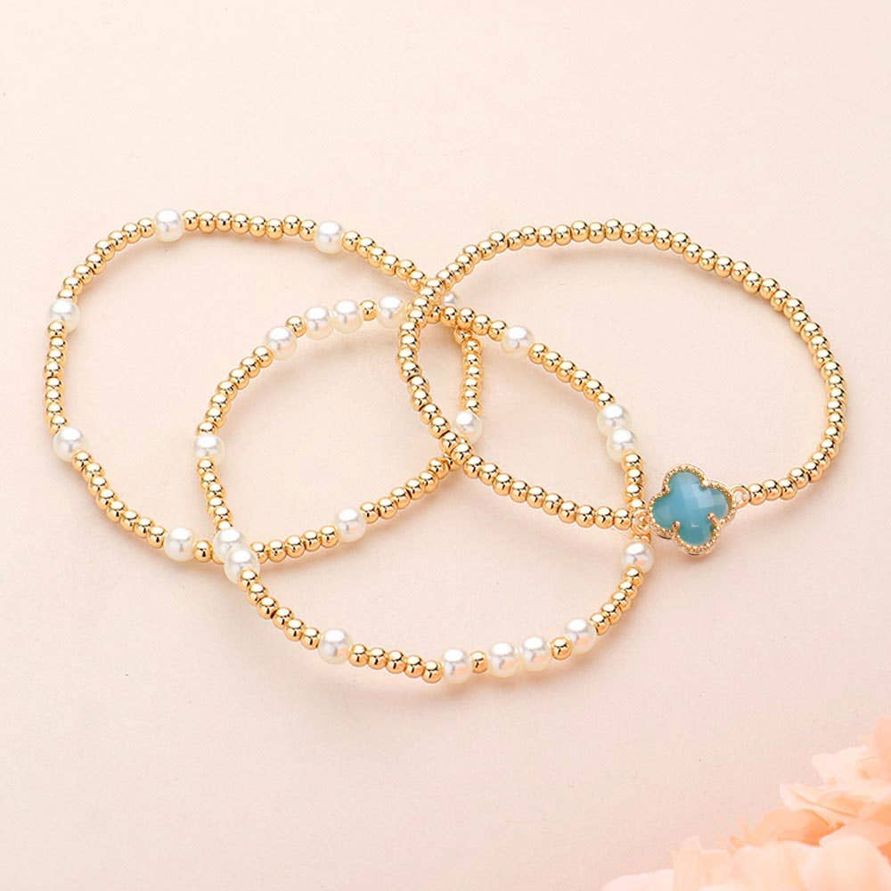 3PCS Quatrefoil Pearl Bead Stretch Multi Layered Bracelets