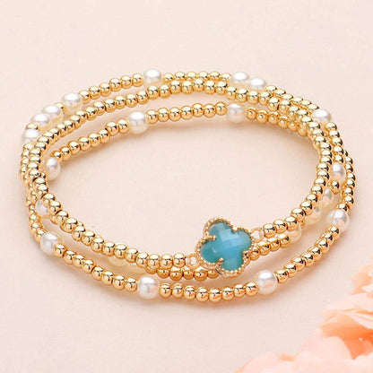 3PCS Quatrefoil Pearl Bead Stretch Multi Layered Bracelets