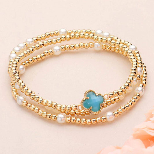 3PCS Quatrefoil Pearl Bead Stretch Multi Layered Bracelets
