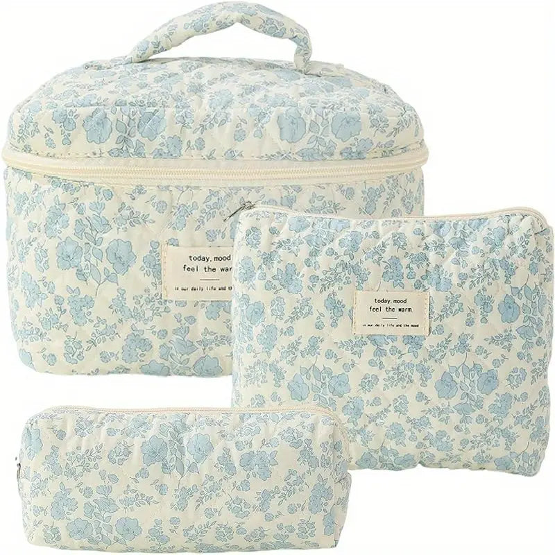 3 Pcs Cotton Quilted Makeup Bag Set, Floral Cotton Cosmetic Bag - Cosmetic Bag - essecoco