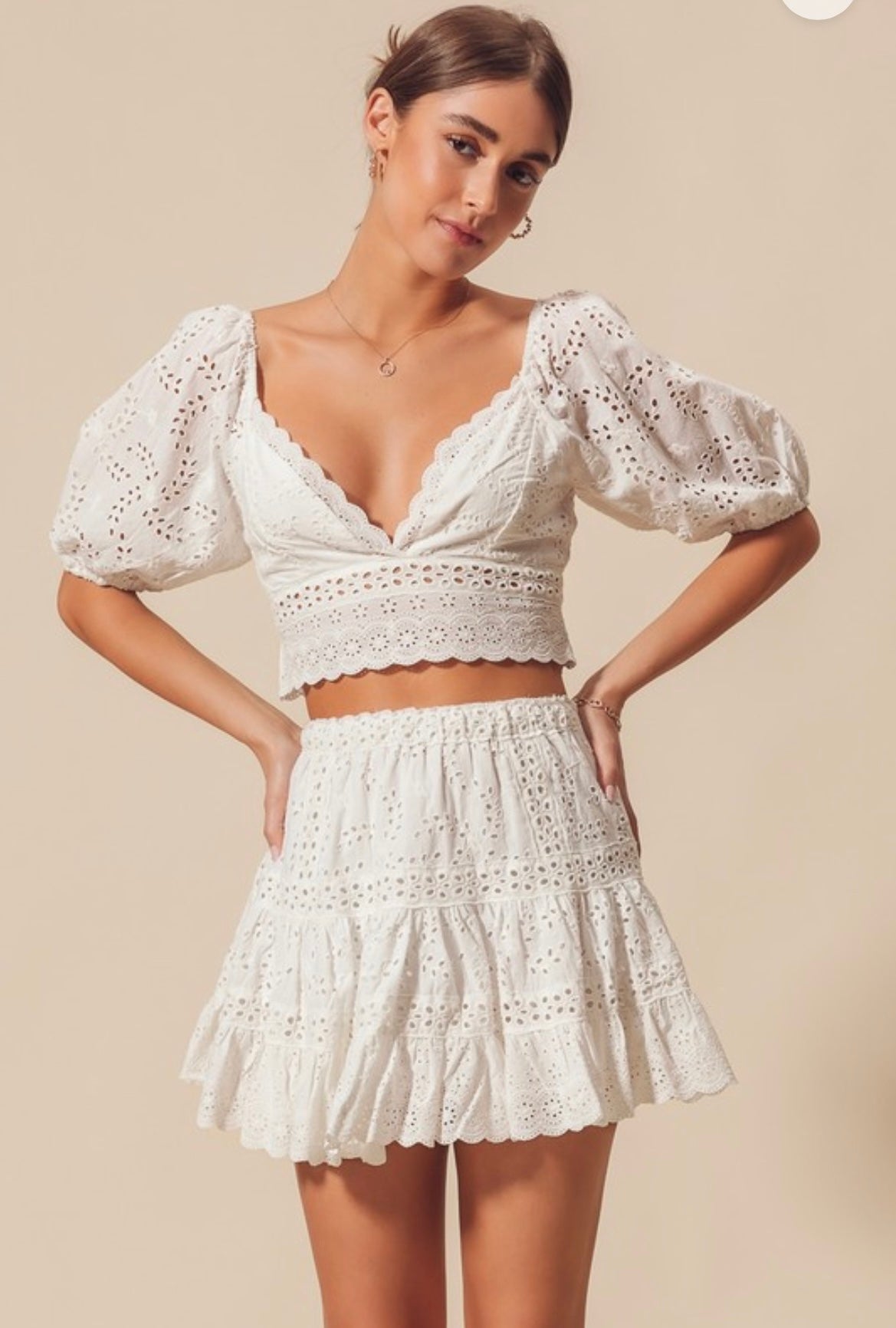 Avery White Eyelet Top & Skirt Set