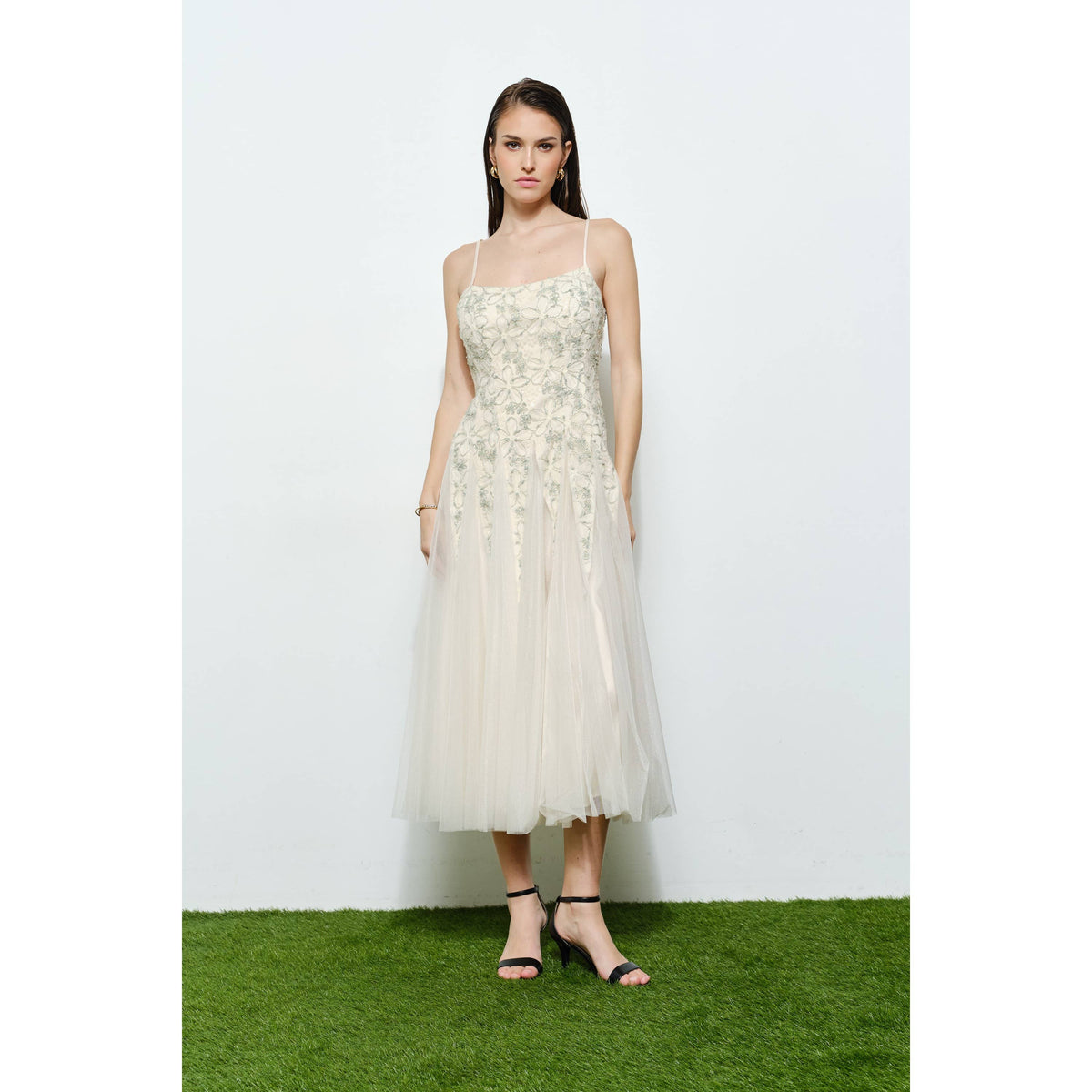 INA romantic lace chiffon sleeveless midi dress with elegant lace details and flowing chiffon fabric, perfect for special occasions.