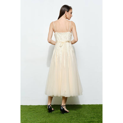 INA Romantic lace chiffon sleeveless midi dress with delicate lace details and flowing fabric, perfect for elegant occasions.