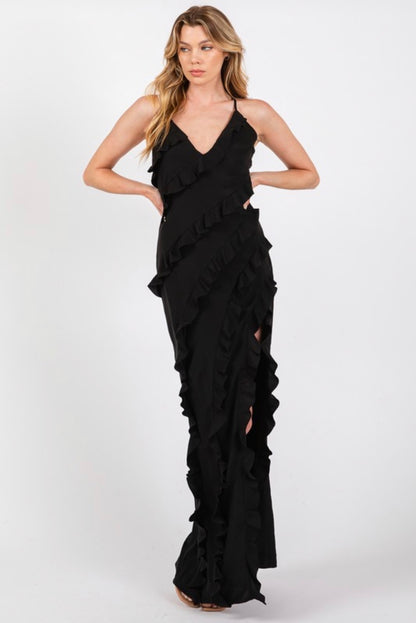 Asha Black Tiered Ruffle Maxi Dress