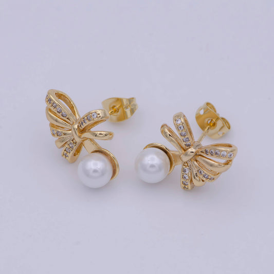 Dainty Pearl Bow Earring Stud with Cubic Zirconia Q121 - Earrings - essecoco