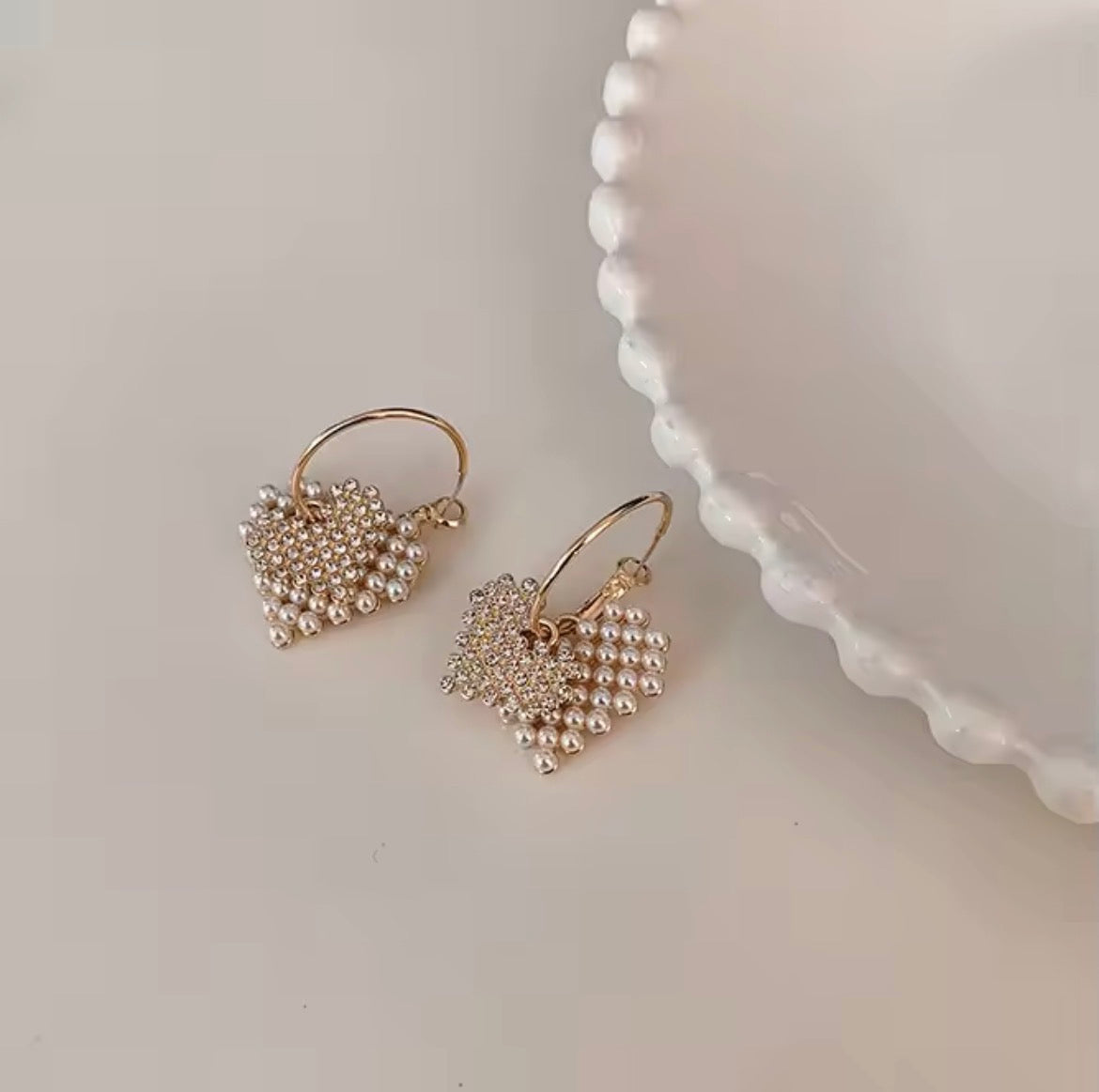 Double Heart Pearl Dangle Earrings - Pearl Earrings - essecoco