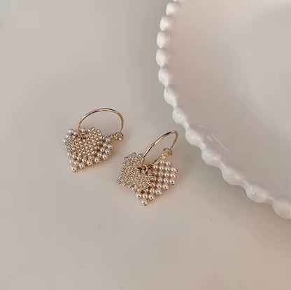 Double Heart Pearl Dangle Earrings - Pearl Earrings - essecoco