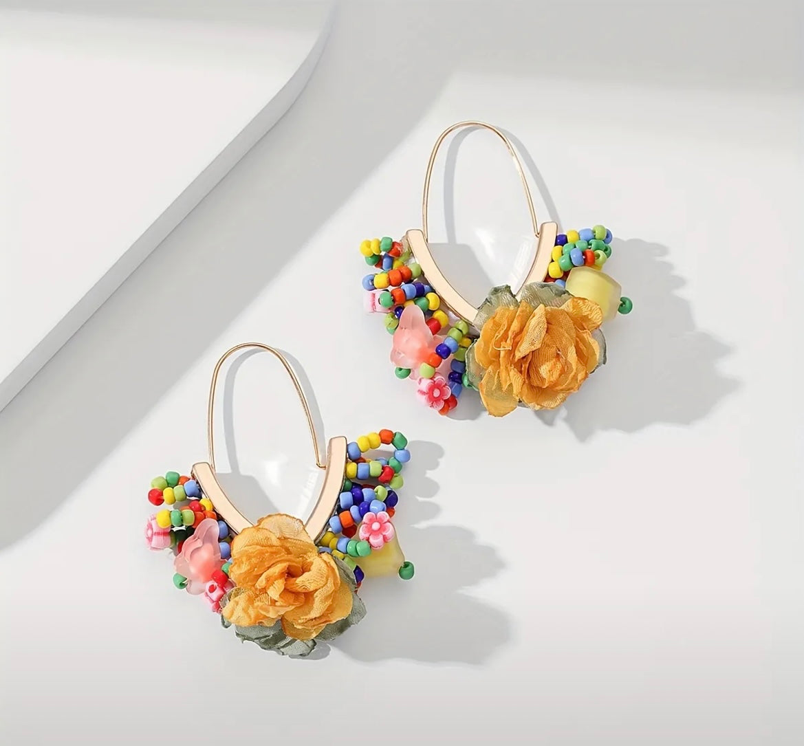 Boho Orange Colorful Flower & Beads Earrings