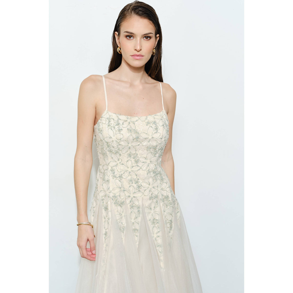 INA Romantic Lace Chiffon Sleeveless Midi Dress featuring delicate lace details and flowing chiffon fabric.