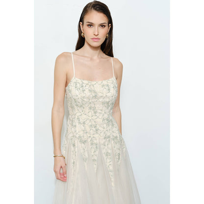 INA Romantic Lace Chiffon Sleeveless Midi Dress featuring delicate lace details and flowing chiffon fabric.