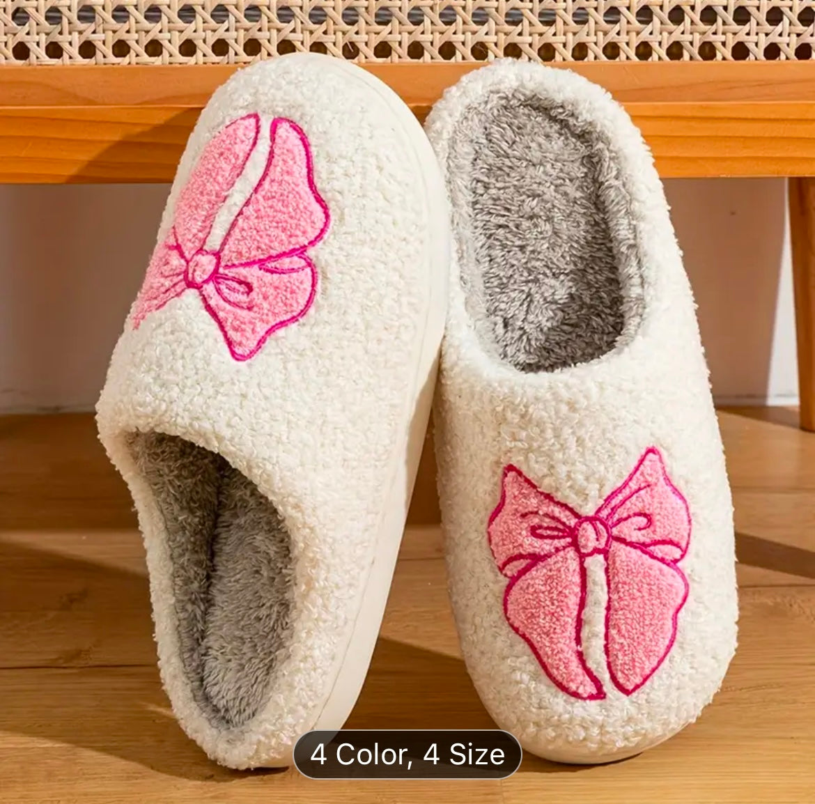 Pink Bowknot Fur Slippers size 6