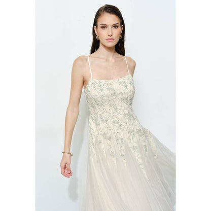 INA romantic lace chiffon sleeveless midi dress with delicate lace details and flowing chiffon fabric for elegant occasion wear.