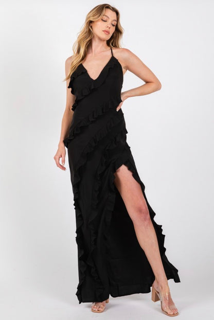 Asha Black Tiered Ruffle Maxi Dress