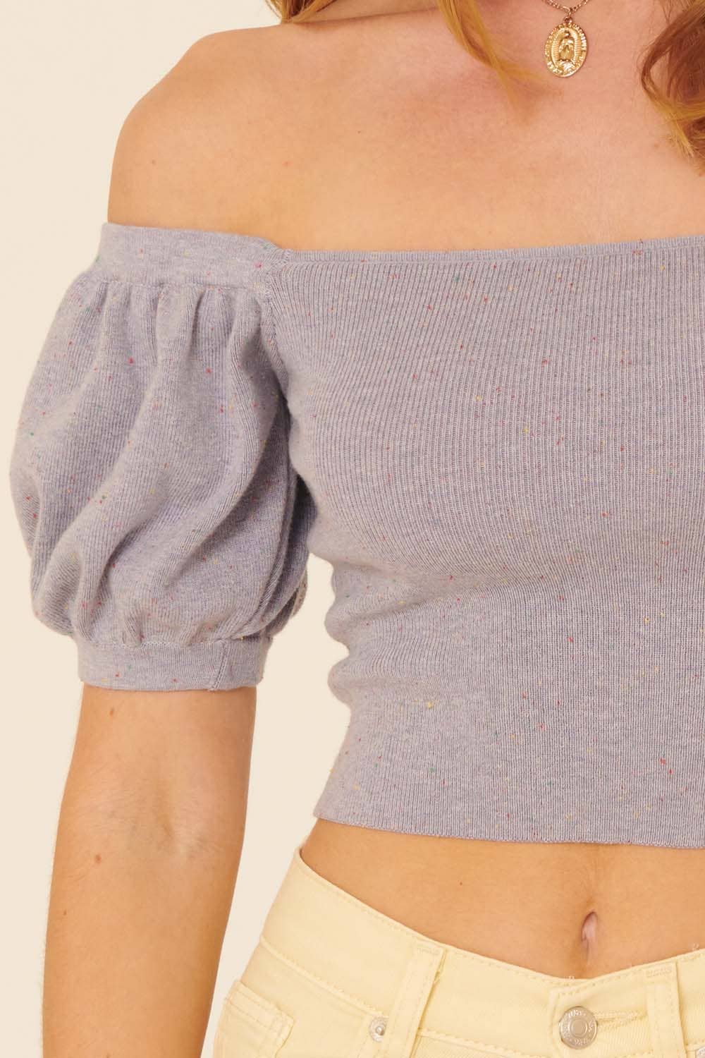 Addy Speckled Rib Knit Off Shoulder Puff Crop Sweater - Sweater Crop Top - essecoco