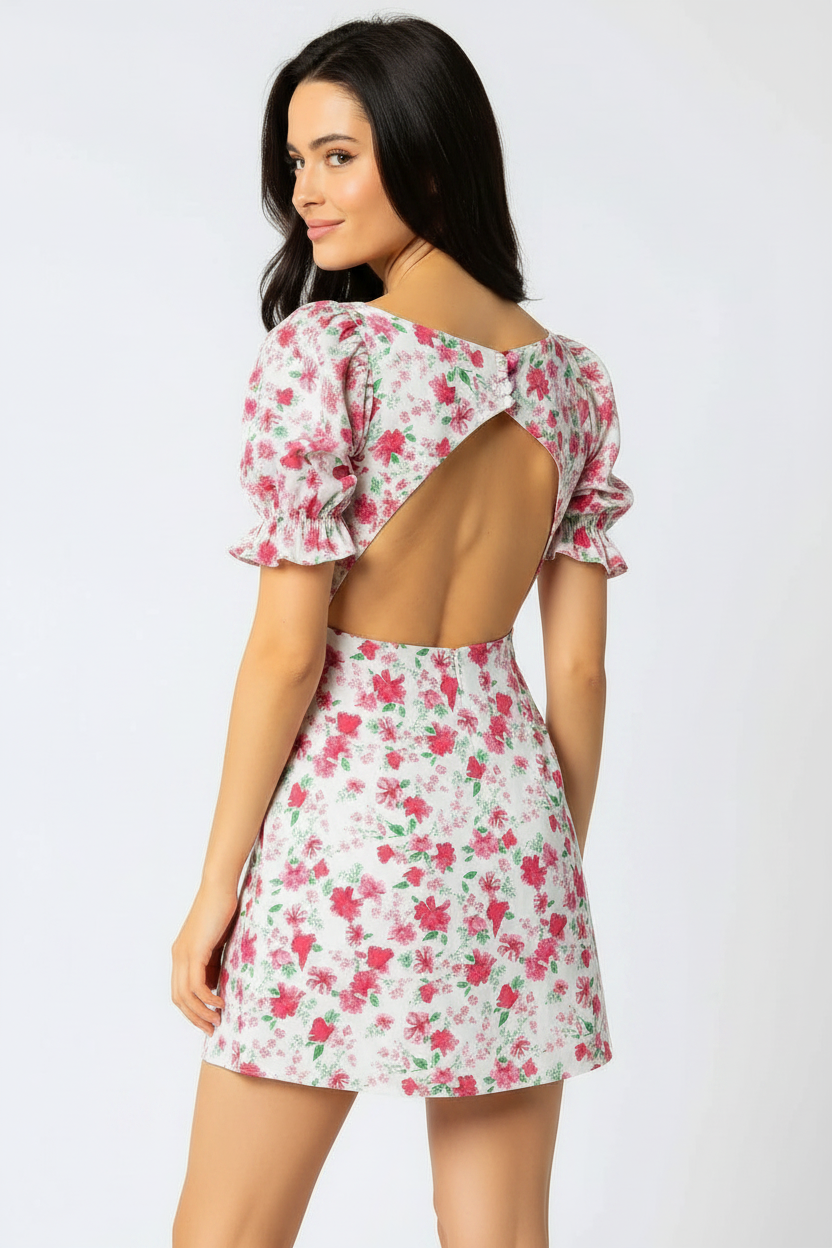 Back view of essecoco Adeline floral halter dress in pink with a fitted waist and flowing skirt, featuring a floral pattern.