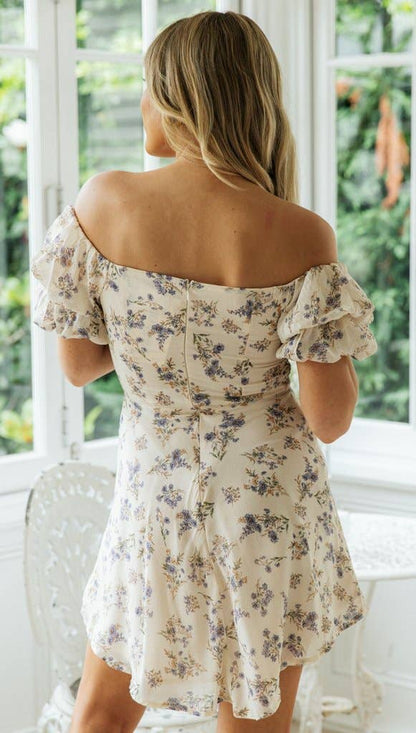 off shoulder puff sleeve floral print dress