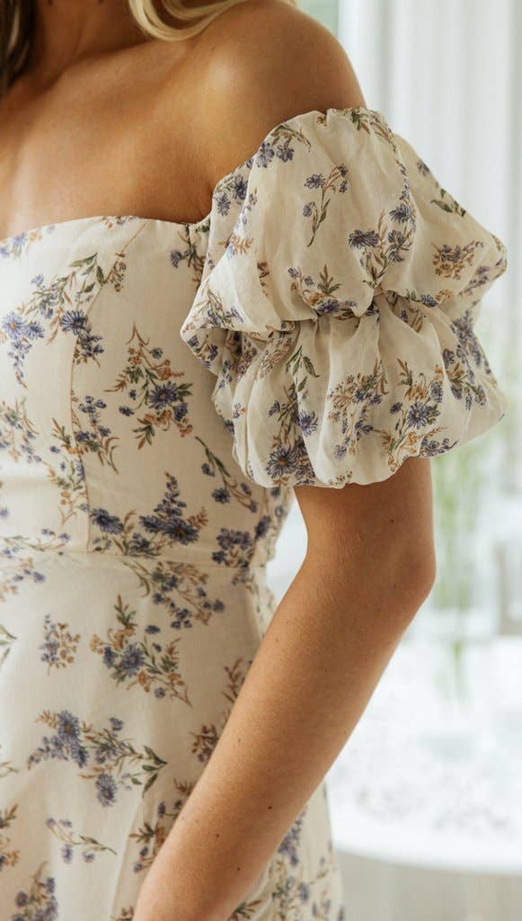 off shoulder puff sleeve floral print dress