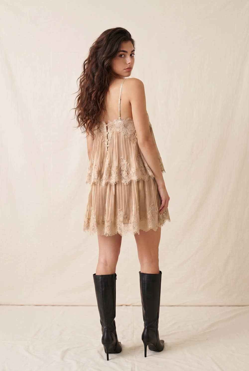 Alexa Pleated Tiered Mini Babydoll Dress with Lace Trim