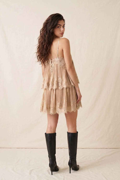 Alexa Pleated Tiered Mini Babydoll Dress with Lace Trim
