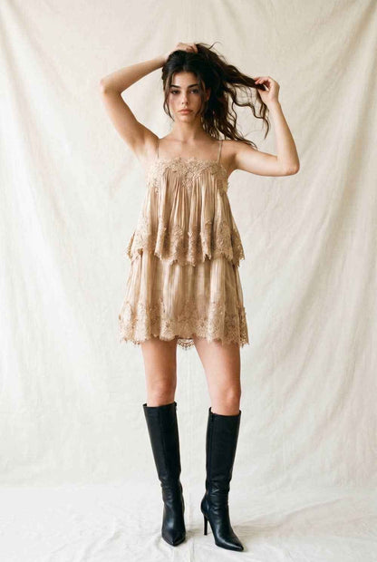 Alexa Pleated Tiered Mini Babydoll Dress with Lace Trim
