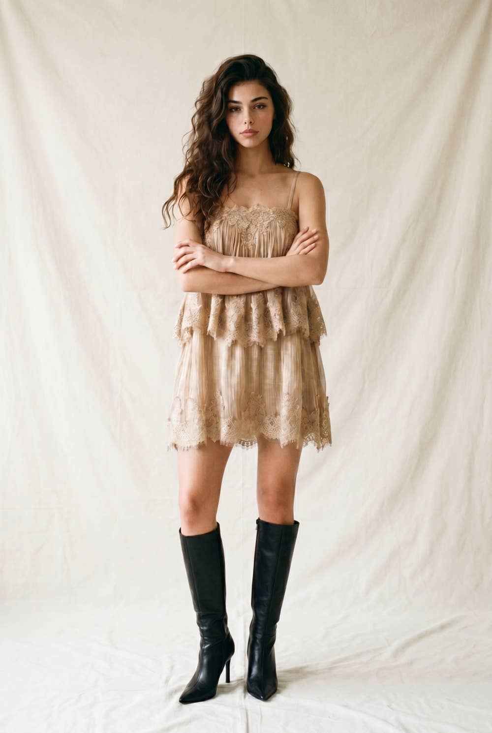 Alexa Pleated Tiered Mini Babydoll Dress with Lace Trim