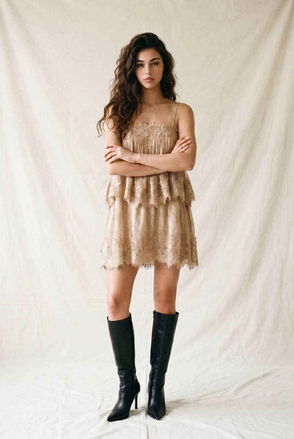 Alexa Pleated Tiered Mini Babydoll Dress with Lace Trim