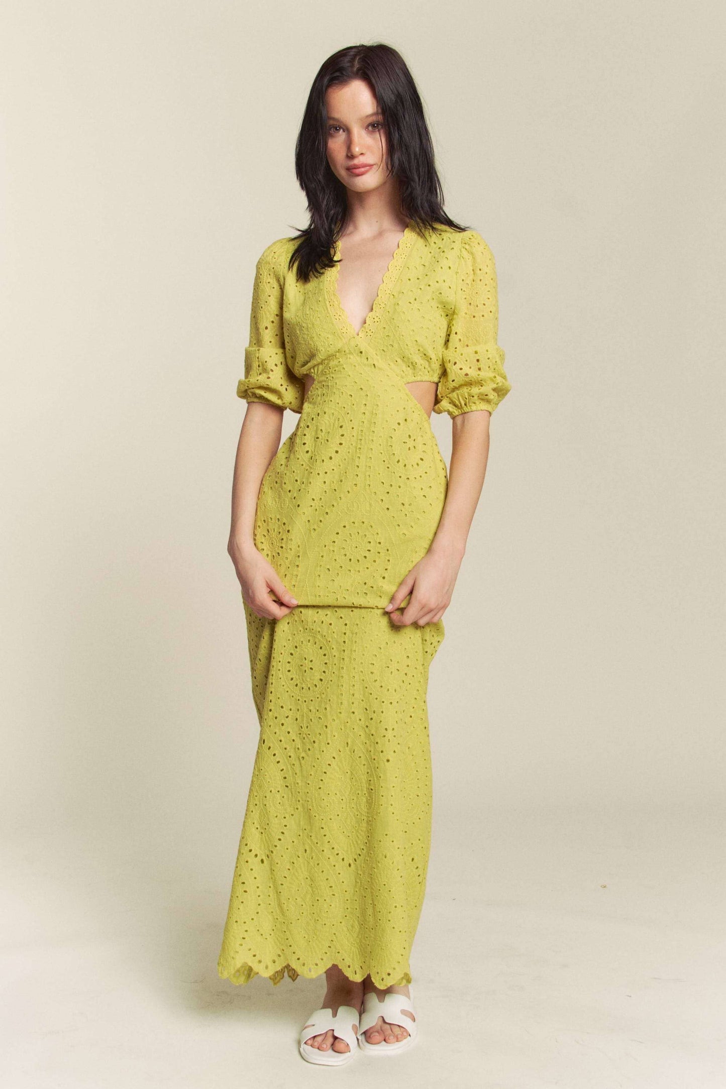 Aria Kiwi Eyelet Embroidered Cut Out Maxi Dress!