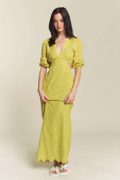 Aria Kiwi Eyelet Embroidered Cut Out Maxi Dress!
