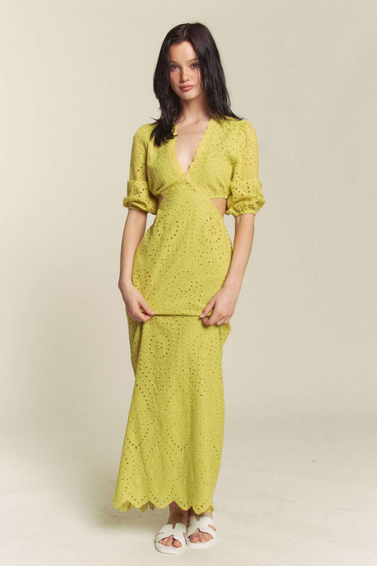 Aria Kiwi Eyelet Embroidered Cut Out Maxi Dress!