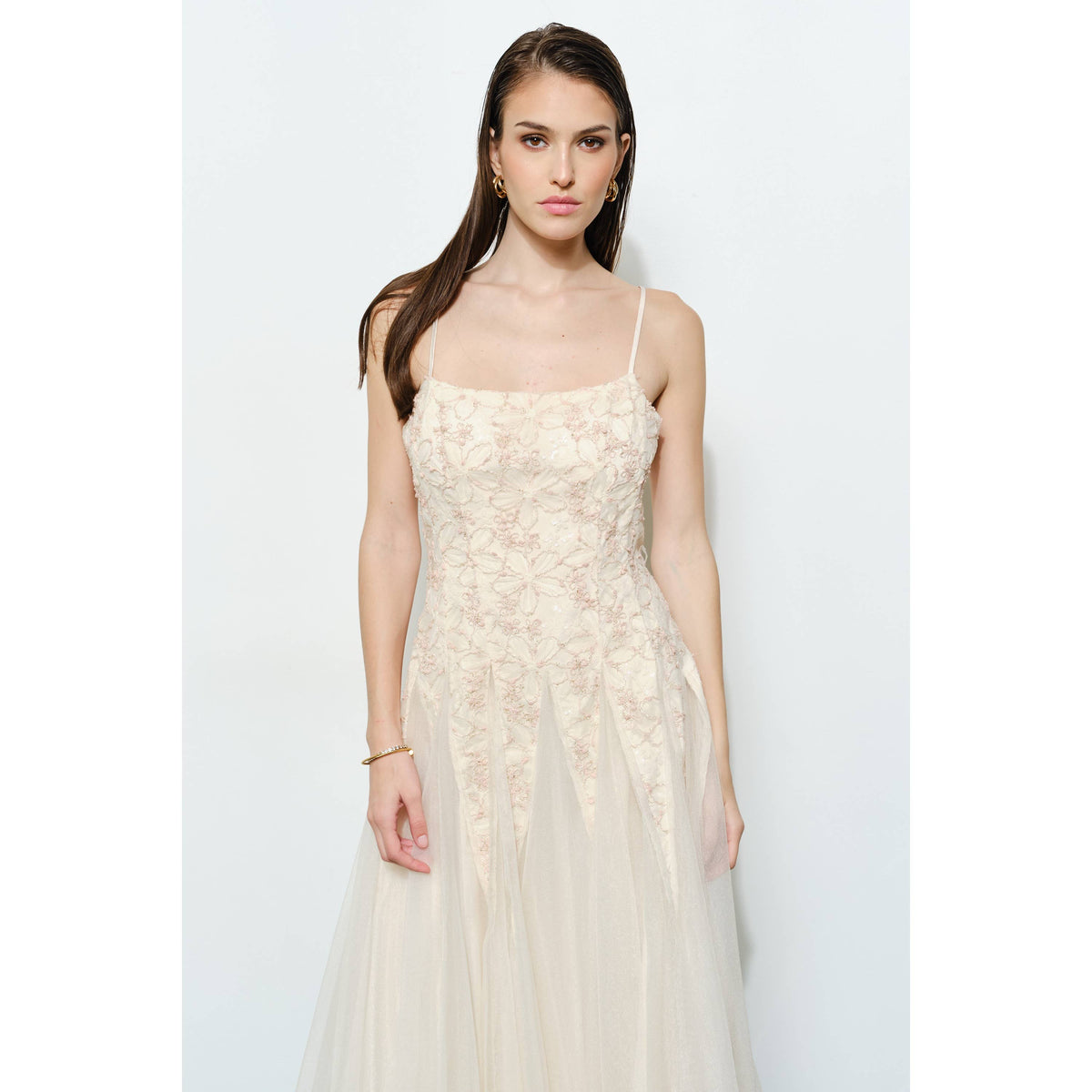 INA romantic lace chiffon sleeveless midi dress featuring delicate lace details and flowy chiffon fabric, perfect for elegant occasions.