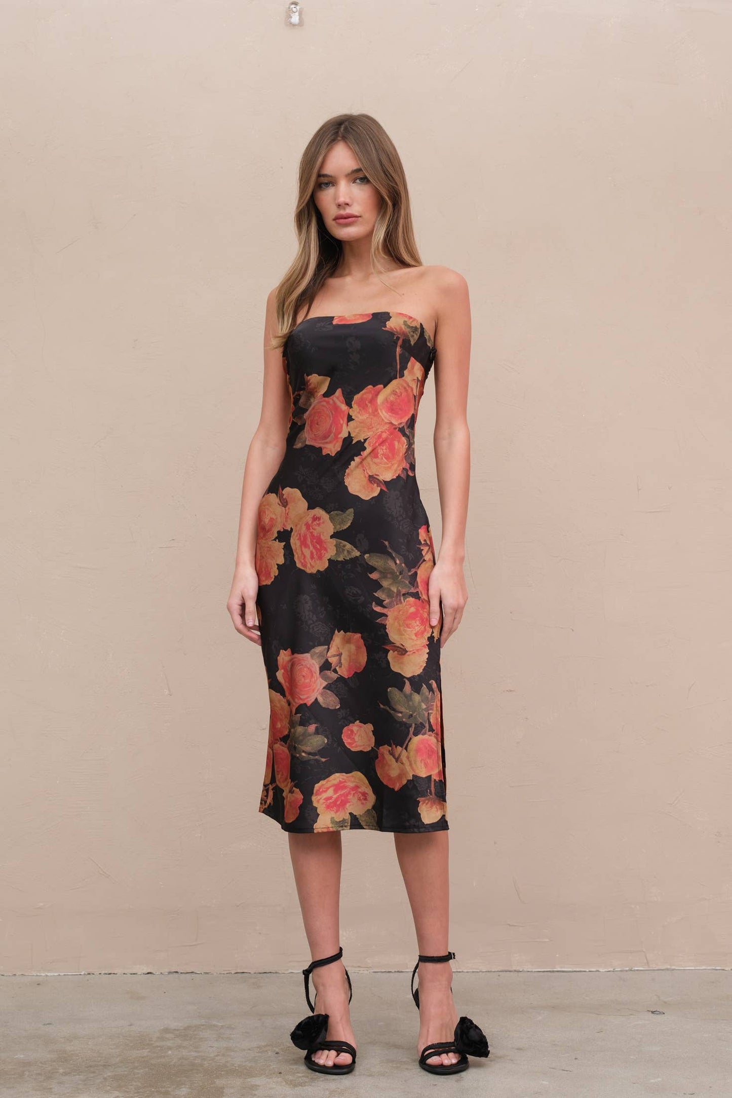Ashley Satin Span Flower Tube Dress