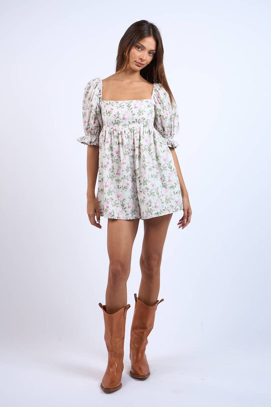 Ashley Floral Print Puff Sleeve Mini Romper -  - essecoco
