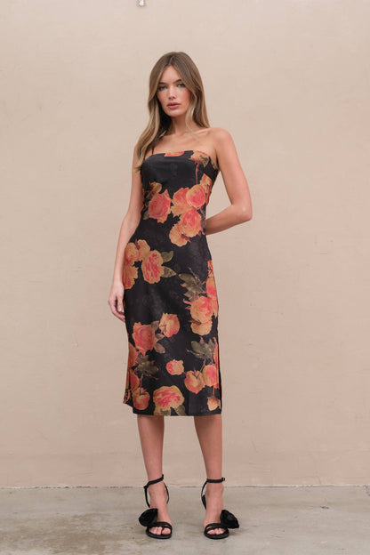 Ashley Satin Span Flower Tube Dress