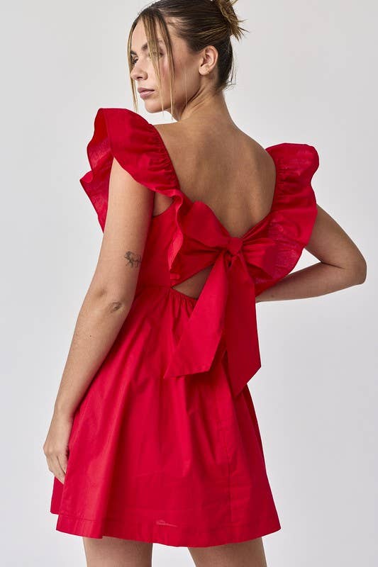 Audrey Red Tie-Back Ruffle Sleeve Mini Dress