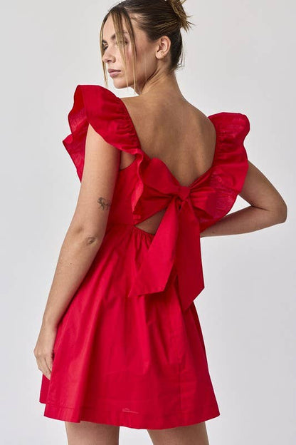Audrey Red Tie-Back Ruffle Sleeve Mini Dress