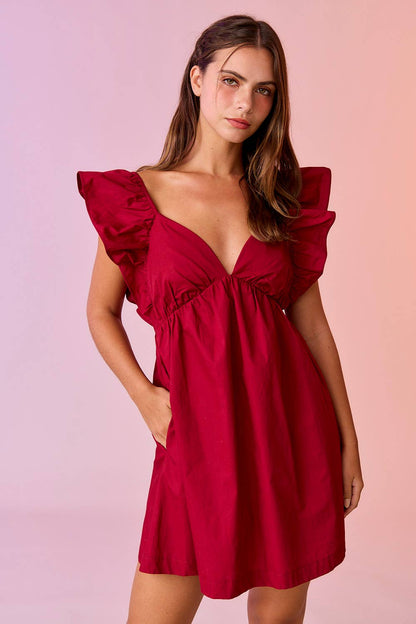 Audrey Red Tie-Back Ruffle Sleeve Mini Dress