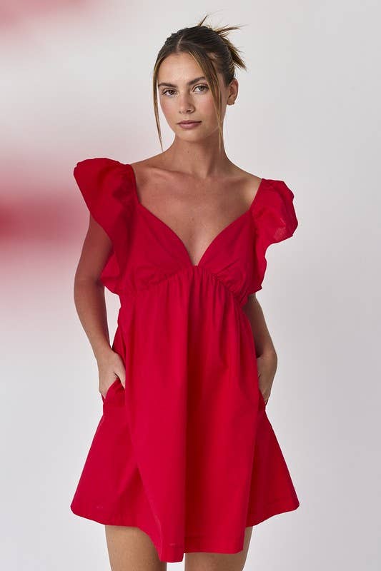 Audrey Red Tie-Back Ruffle Sleeve Mini Dress