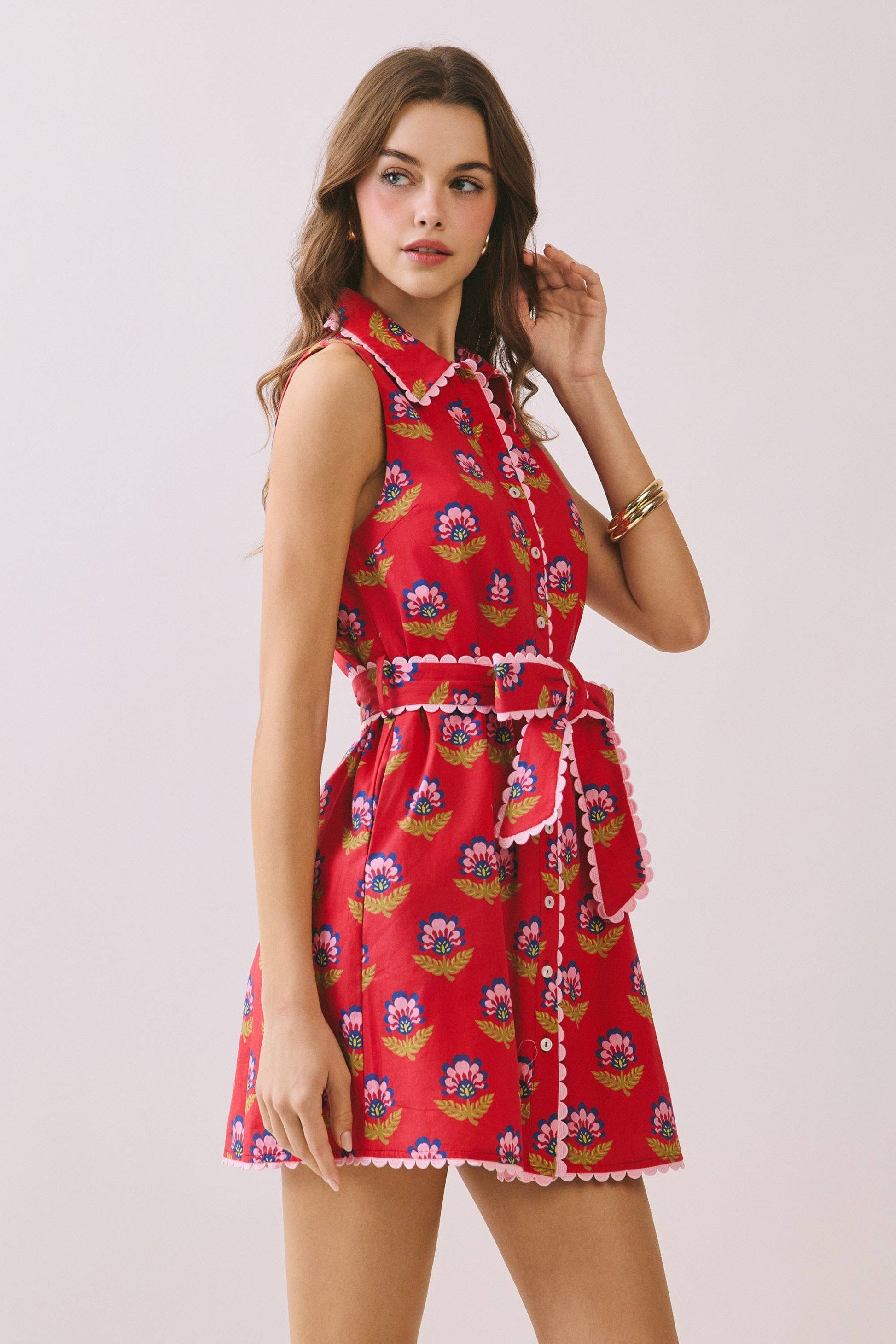 aurora-Floral Print Contrast Scalloped Trim Detail Dress - Dresses - essecoco