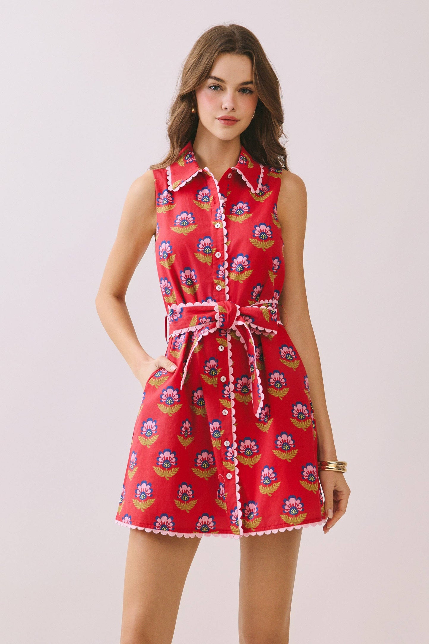 Aurora-Floral Print Contrast Scalloped Trim Detail Dress - Dresses - essecoco