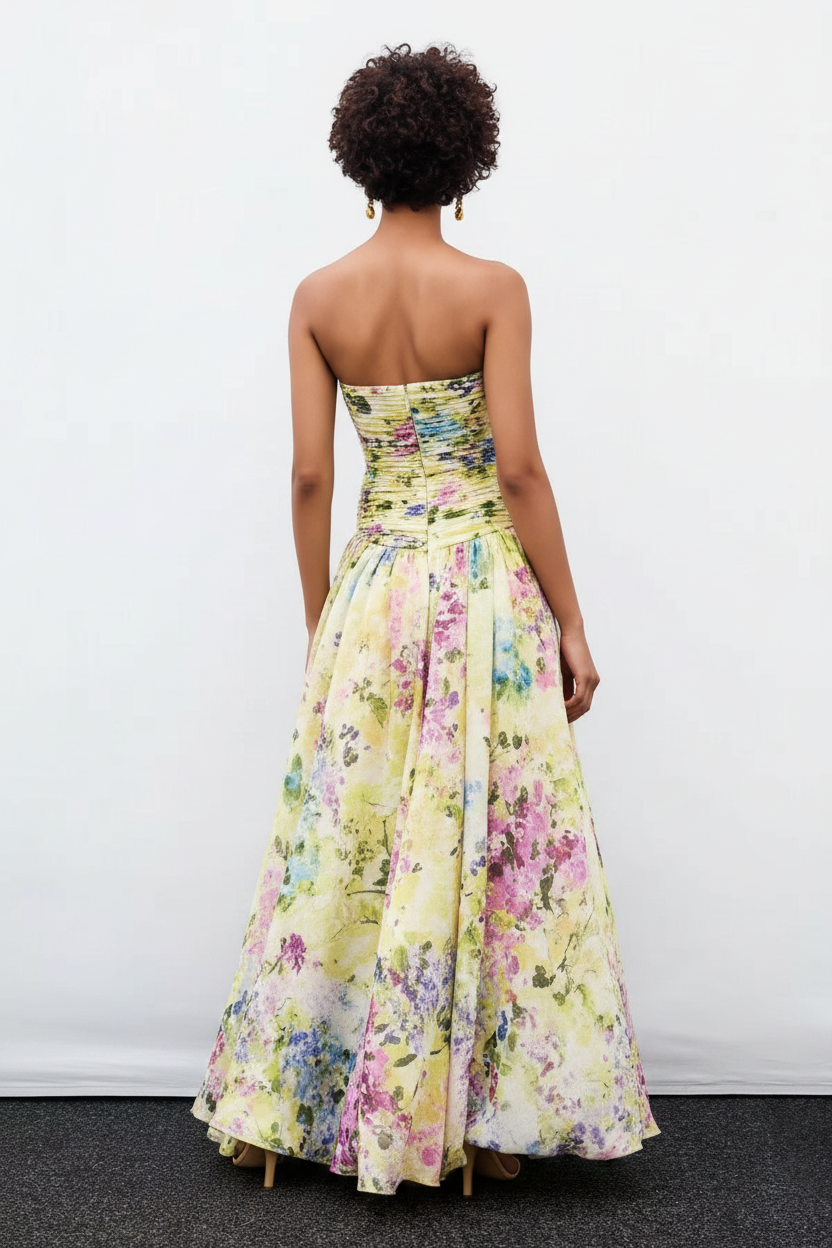 Ava Strapless Watercolor Printed High Slit Maxi Dress 