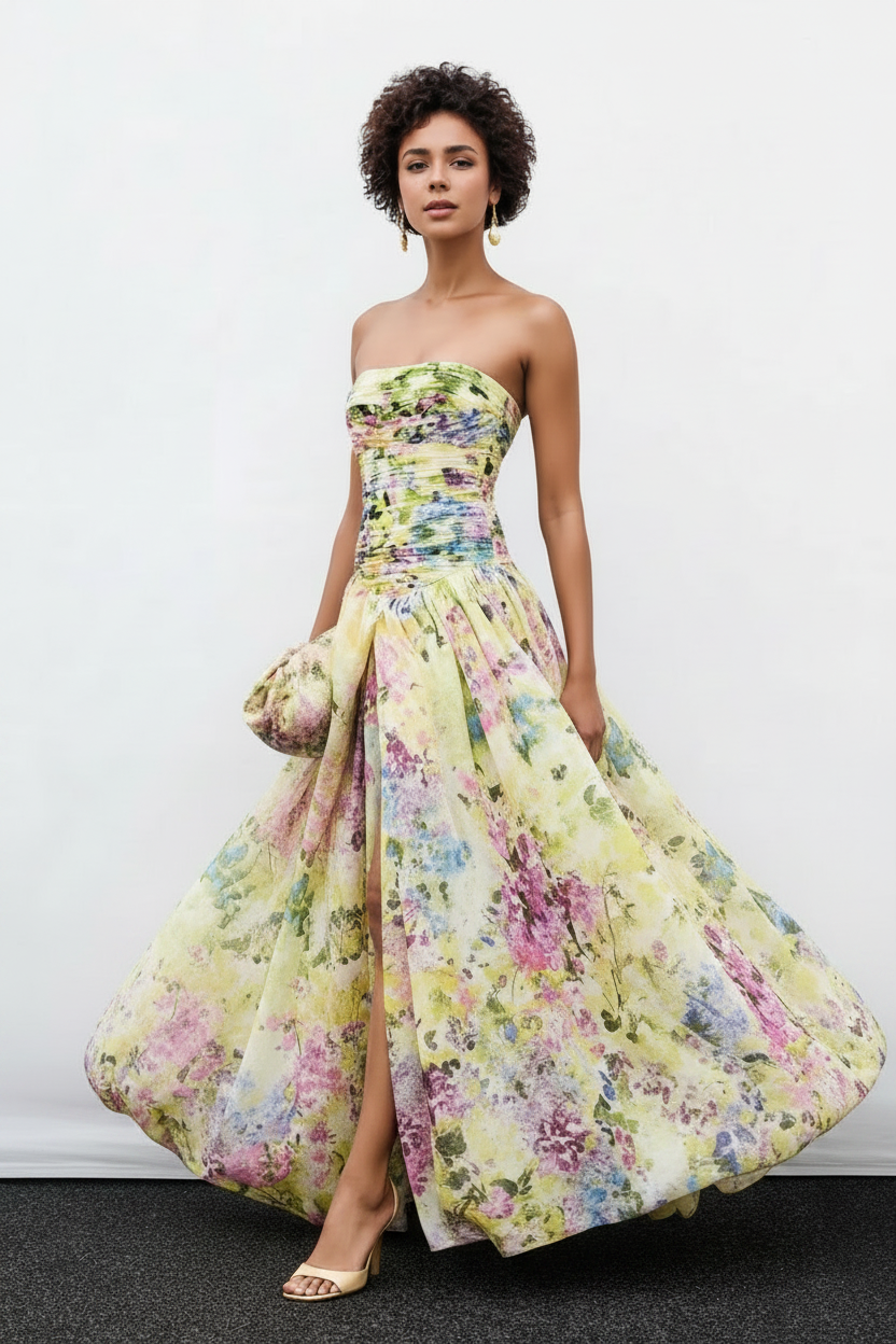 Women’s Ava strapless watercolor printed maxi dress with high slit, elegant and flowy, designed by Productseeker for summer occasions.