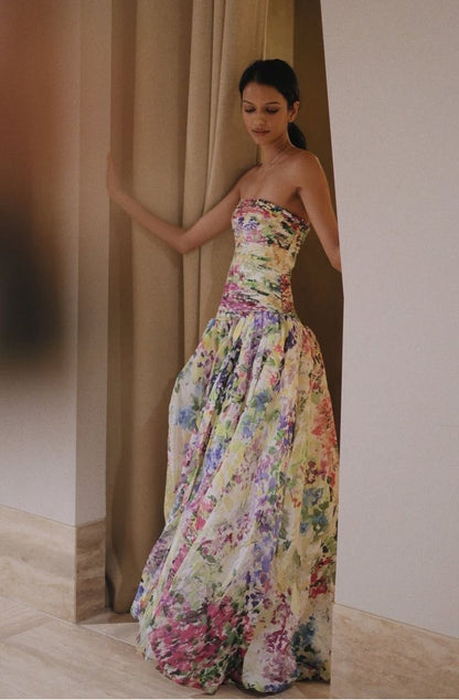 Ava Strapless Watercolor Printed High Slit Maxi Dress for Women