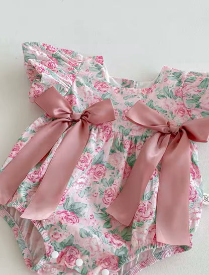 Sweet Pink Roses Puff Sleeve Baby Romper