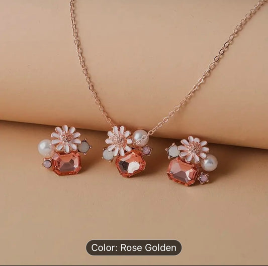 Delicate Crystal Pearl Flower Pendant Necklace & Earrings Jewelry Set