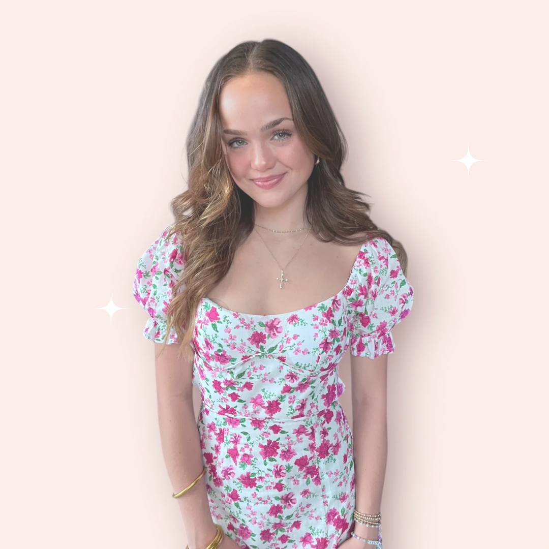 Esscoco Adeline floral halter dress with vibrant flower pattern and flowing fabric, displayed on a mannequin.