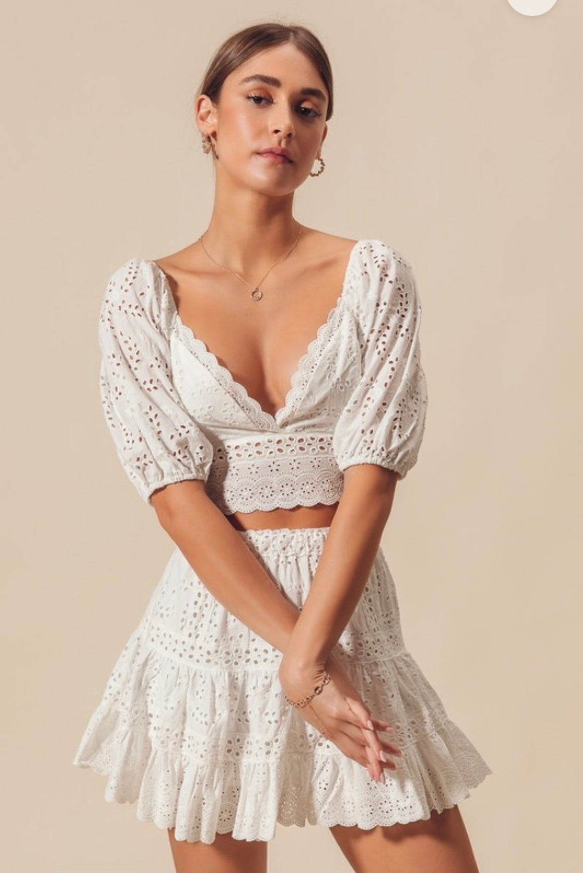 Avery White Eyelet Top & Skirt Set