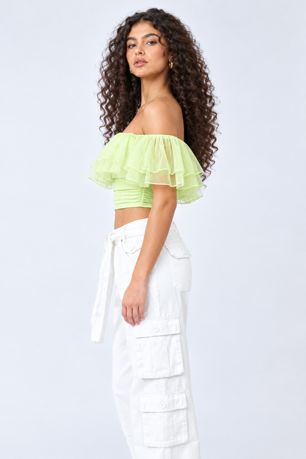 Essecoco Brady ruffle lime crop top displayed, featuring ruffled details and vibrant lime color on a stylish women's fashion top.