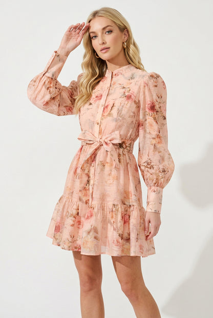 Romantic Floral Mock Neck Puff Sleeve Mini Dress