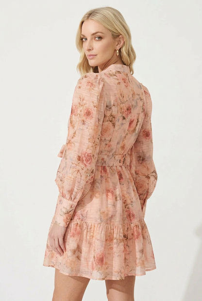 INA Brea romantic floral mini dress with mock neck and puff sleeves